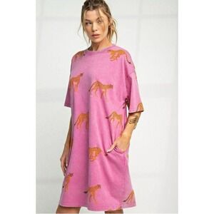 NEW Easel Mineral Wash Pink Cheetah T-shirt Shift Dress Pockets 2X New With Tags